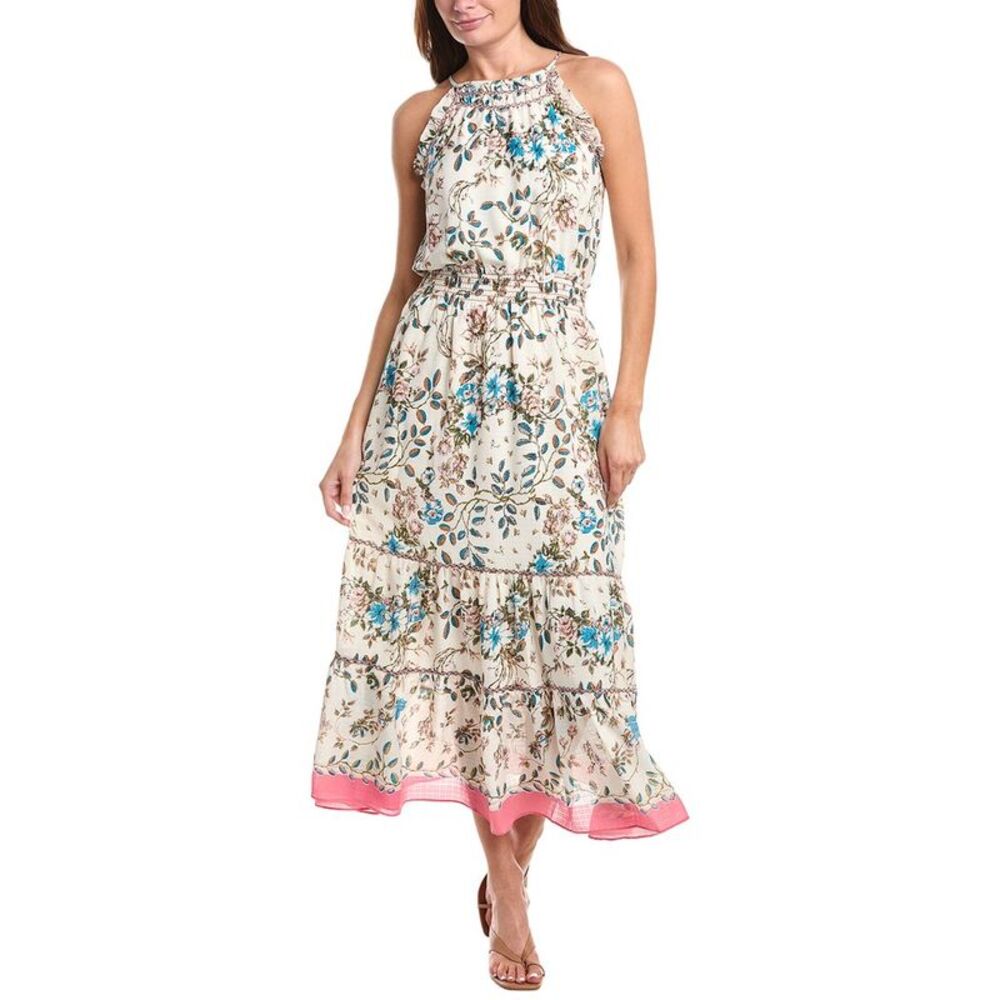 Max Studio Womens Georgette Embroidered Neck Smocked Maxi Dress, White